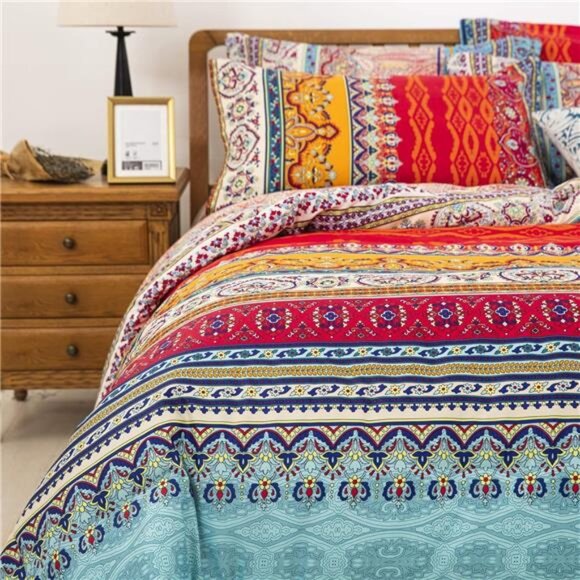 Striped Bohemian Comforter Set Queen Size 3 Pieces Boho Hippie Geometric Bedding - Picture 7 of 8